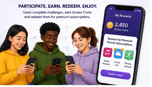 Participate, earn, redeem, enjoy: users complete challenges, earn Screxa Coins, and redeem them for premium subscriptions